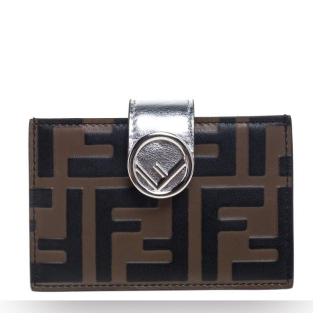FENDI Tobacco Silver FF Zucca Lambskin Leather Maya Snap Accordion Card Wallet - Picture 1 of 12
